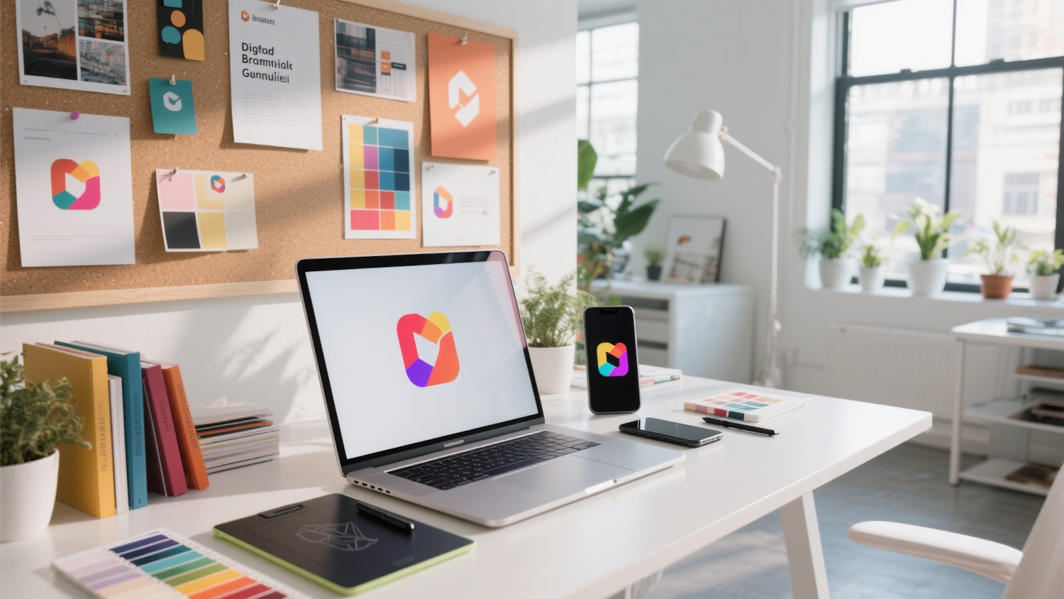 Bright design studio workspace with a laptop, design tools and a pinboard of creative materials