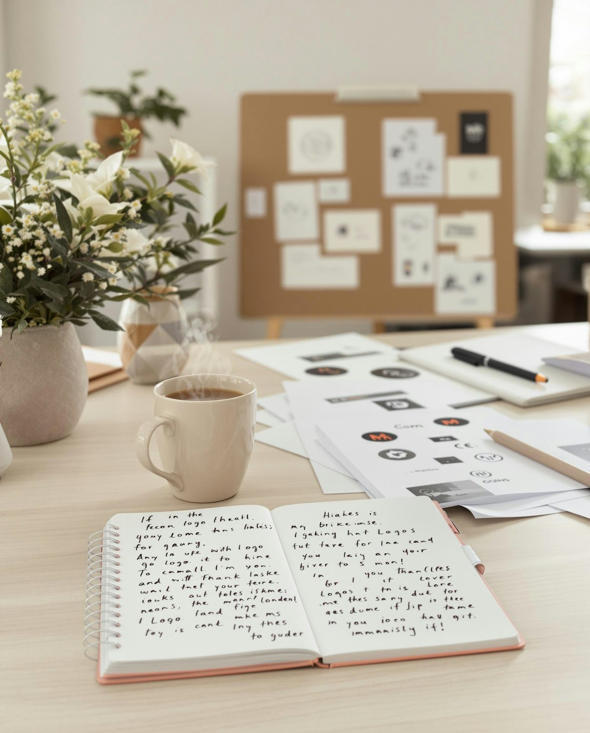 Creative desk with a notebook, coffee and design sketches beside a pinboard of ideas